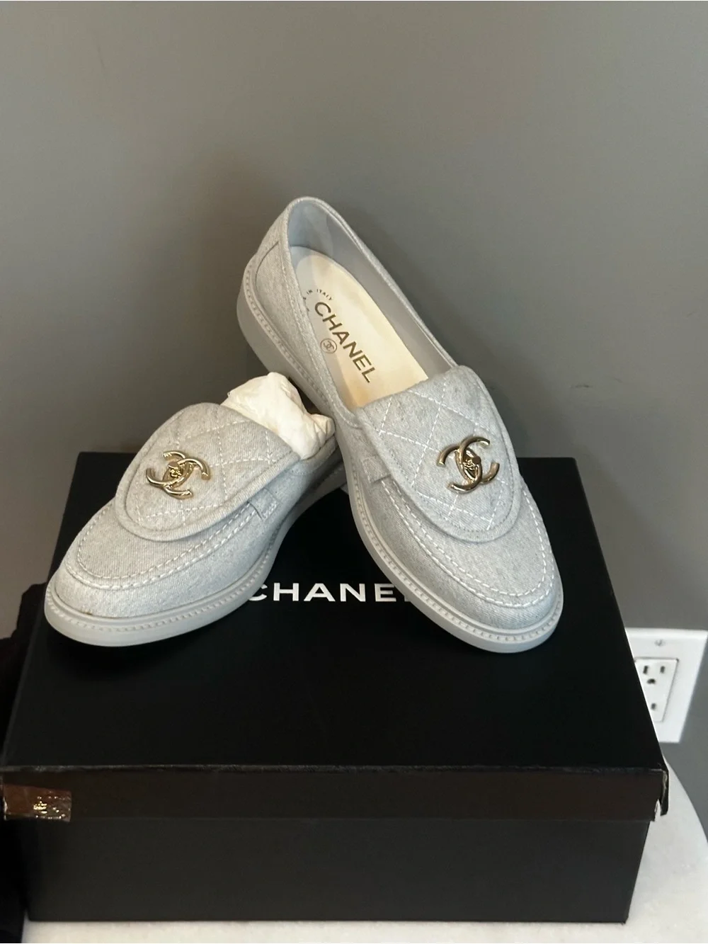 CHANEL light Denim Quilted Loafers with Gold CC Hardware